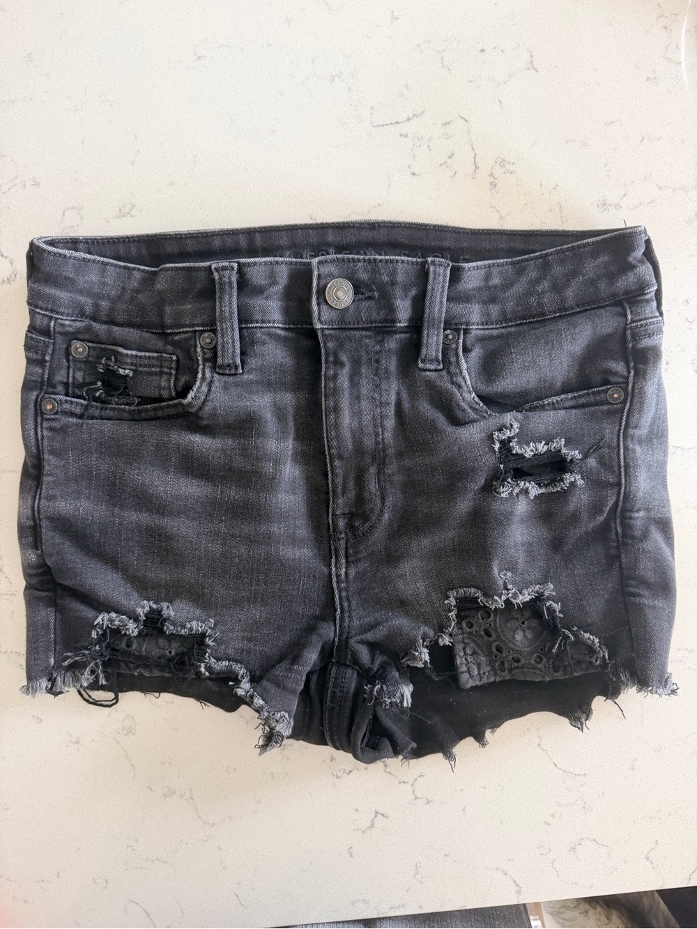 American Eagle Outfitters Black Distressed Lace-Inset Denim Shorts